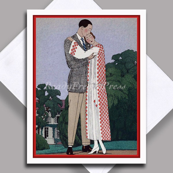 Single Notecard Valentine / Art Deco/ Vintage Image 1922/ Love /Loving Couple/ Artist: A.E Marty/Embrace/ Single Notecard with Envelope