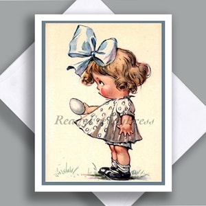 Tarjeta de Pascua individual / Imagen vintage / Niña pequeña / Un solo huevo / Dulce / Inocente / Adorable