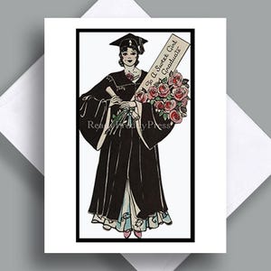 Enkele afstudeerkaartje/vintage afbeelding/ hogeschool/ middelbare school/ jonge dame// pet en toga/ waardering/ cadeaubon/