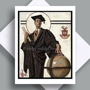 Enkele afstudeerkaart / vintage afbeelding / J.C. Leyendecker / College / High School / Young Man/ Pet & Gown / Wereldbol / Cadeaubon / Wereldbol