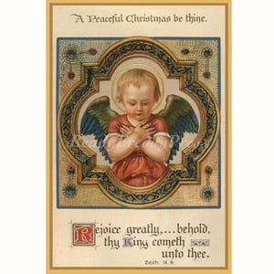 Kerstkaart / Feestdagen / Vintage afbeelding / Peaceful Wishes / Engel / Rejoice / Tender / Kerstmis / Set van 8 kaarten en enveloppen in doos