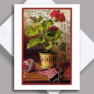 VENDA Cartão de nota único/ Tricô/ Natureza morta/ Cartão postal vintage fonte/ Gerânio/ Flor/ Cartão único com envelope