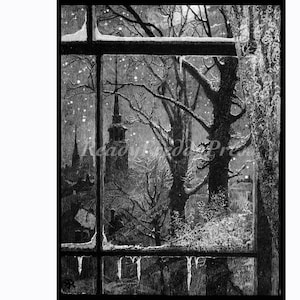 Biglietti per note con scena di neve Incisione su legno vintage/Natale/Vacanza/Scena invernale/Finestra/Gelo/Ghiaccioli/Cofanetto di 8 carte con buste