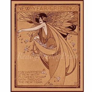 Biglietto di auguri di Natale/Festività/Capodanno/Immagine Art Nouveau d'epoca (1907)/Set di 8 con buste