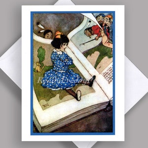 VERKOOP Enkele kaart/vintage afbeelding/ klein meisje/fantasie/boek/verbeelding/boekenliefhebbers/enkele kaart met envelop