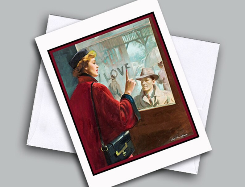 May include: A vintage illustration of a woman in a red coat and a black hat pointing to the word "LOVE" written on a window. A man in a trench coat is reflected in the window behind her.