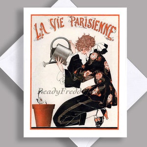 VENDA Notecard único/imagem vintage/jardinagem/menina bonita/plantio/vaso de flores/moda/regador/art déco/notecard com envelope
