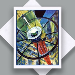 May include: A vintage illustration depicting a futuristic city with a large, red and black, circular structure at its centre. The structure emits a large, white beam of light. The city is composed of tall, rectangular buildings with windows. The illustration is in a retro style with bold colours and lines.