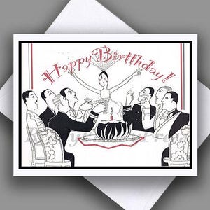 Cartão de nota único/ Imagem vintage/ Aniversário/ Art Déco/ Década de 1920/ Flapper/ Celebração/ Ilustração em preto e branco/ Festa/ Cartão único com envelope