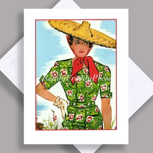 VENDA Cartão de nota único/ No jardim/ Chapéu de palha/ Vestido de dia/ Moda de verão/ Ilustração vintage/ Década de 1940/ Cartão único com envelope