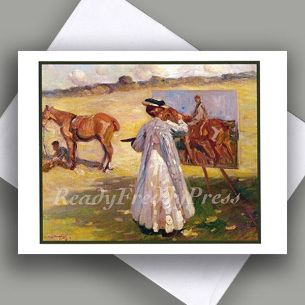 SALE Single Notecard/ Vintage Image  /Artist/ Equestrian / Plein Air Painting /Horses/ / Artist Painting Artist /Notecard with Envelope