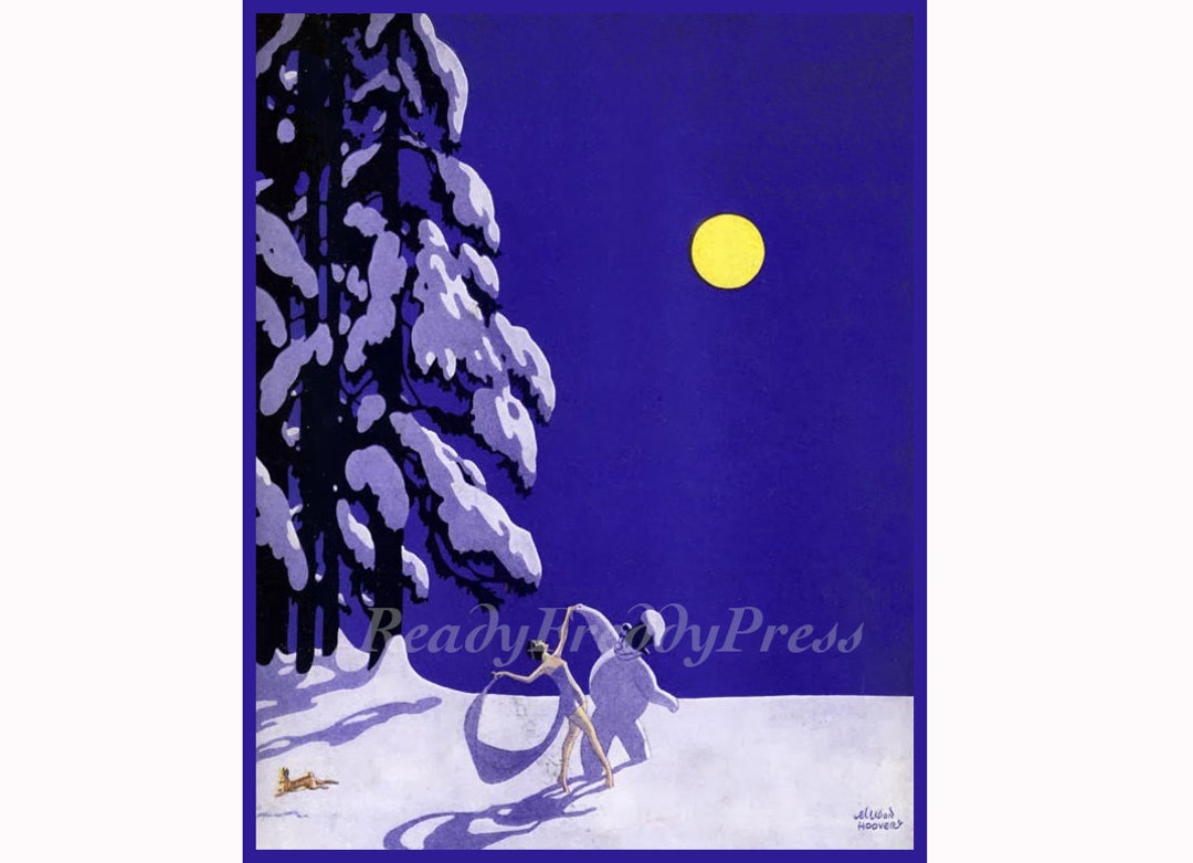 Christmas Card/ Holiday/ Blue Moon/ Snowfall/snowman/ Vintage Image