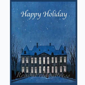 Christmas Card/ Holiday/Nightime/ Lit Windows/ Countrey House/ Vintage Image/ Boxed Set of 8 Notecards & Envelopes