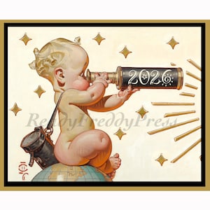 Cartes de correspondance Nouvel an/Noël/Vacances/Leyendecker/Bébé Nouvel An/Image vintage/télescope/étoiles/boîte de 8 avec enveloppes