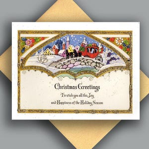 SALE glitter enkele kaart/vintage afbeelding/kerst/vintage dorp/victoriaanse/paard en wagen/kaart met gouden metallic envelop