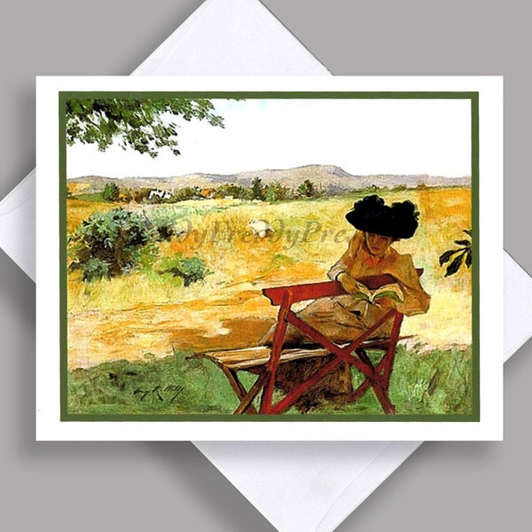 SALE Single Notecard/ Reading/ In the Country/ On a Bench/ Pasture/ Victorian/ Vintage illustration /Single Card with Envelope