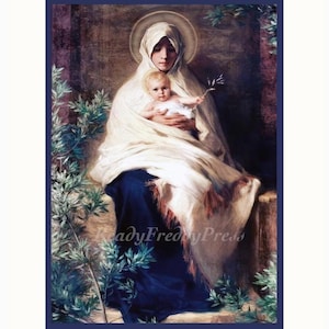 Cartão de Natal/ Religioso/ Imagem Vintage/ Madona e o Menino/ Jardim/ Ramo de Oliveira/ Suave/ / Conjunto de 8 cartões com envelopes