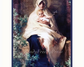 Weihnachtskarte / Religiöses / Vintage Bild / Madonna & Kind / Garten / Olivenzweig / Sanft / Boxed Set aus 8 Karten mit Umschlägen