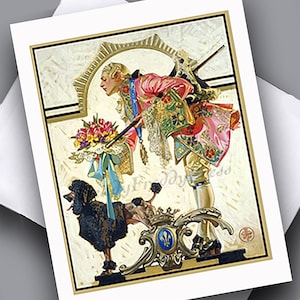 Une seule carte vintage, image romantique, Saint-Valentin, bouquet, Art déco, J.C. Leyendecker, parade nuptiale, caniche, 1 carte avec enveloppe, carte vierge