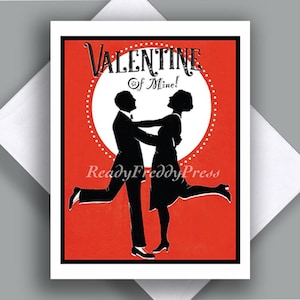 Cartão de nota único/ Imagem vintage/ Dançarinos/ Art Déco/ "Valentine of Mine"/ Casal/ Amor/ Romance/ Cartão único com envelope