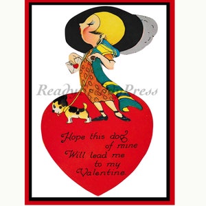 Valentijnskaarten/ Vintage afbeelding/ Hondenuitlaatservice/ Cartoon/ Grappig/ Charmant art deco/ 8 kaarten met enveloppen/ Blanco