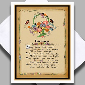 Tarjeta individual/San Valentín/Poema de felicidad/Imagen vintage/Art Decó/Cumpleaños/Deseos/En blanco/Tarjeta individual con sobres