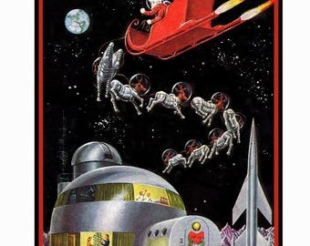 Outer Space Christmas Notecards/ Vintage Image/ Santa & Reindeer/ Sci-Fi/ Space Colony/ Boxed Set of 8 Cards with Envelopes/ Blank