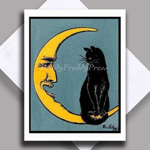 Single Notecard Halloween Black Kitty /Holiday / Vintage Image/ Moon/ Magic/ Birthday/ Single card with Envelope