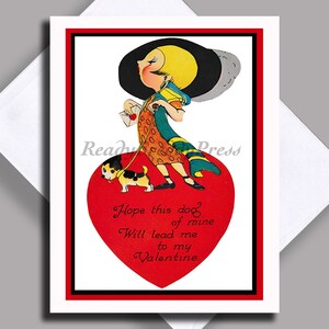 Valentijnskaart/ Vintage afbeelding/ Hondenuitlaatservice/ Cartoon/ Grappig/ Charmant art deco/ Enkele kaart met envelop/ Blanco