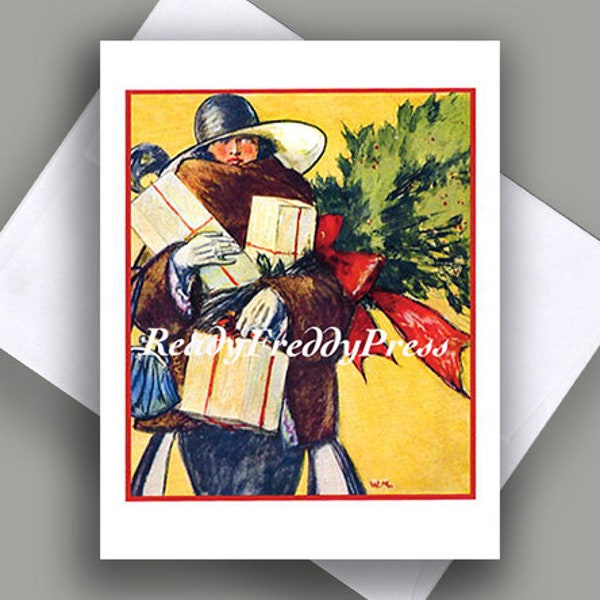 SALE Single Notecard/ Vintage Image/Christmas/Lady Shopping/ Art Deco/ 1920s/ Ladden with packages!/ /Notecard with Envelope