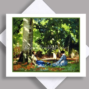 VERKOOP enkele Notecard/bos/vintage schilderij/twee vrouwen/sereniteit/vrede/vrienden/impressionistische/Notecard met envelop