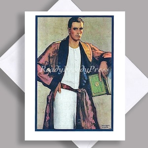 UITVERKOOP Enkele kaart / vintage afbeelding jaren 1920 / herenmode / art deco / heren / rookjack / gewaad / lang ondergoed / notitiekaart met envelop