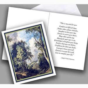 May include: A greeting card with a landscape painting of a forest path with trees and a blue sky with clouds. The card has a quote by Ralph Waldo Emerson about wishes for comfort, smiles, laughter, sunsets, hugs, beauty, friendships, faith, confidence, courage, patience, and love.