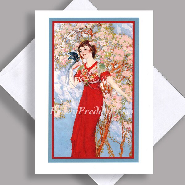 SALE Single Notecard/ Vintage Image / Pretty Girl/ Red Dress/ Flowers/ Bird/ Fashion/ Spring / Notecard with Envelope