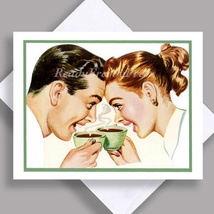 VERKOOP Enkele kaart / jong stel / koffie aan het drinken / lachen / verliefd / vintage illustratie / koffieliefhebbers / enkele kaart met envelop