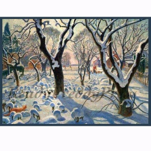 Notitiekaarten voor de feestdagen / Vintage afbeelding/Kerstmis / Winter in het land/ Boerderij/ Vos/Sneeuwlandschap/ Met sneeuw bedekte bomen/welkomst/8 kaarten en enveloppen