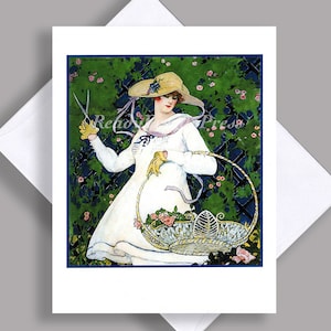 VENDA Cartão de Nota Único/ Ilustração Vintage 1916 / Art Déco / Moda / Colhendo Flores / No Jardim / Linda Senhora / Cartão de Nota com Envelope
