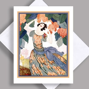 VENTE carte de correspondance unique/élégante/illustration vintage 1921/belle dame/fleurs/mode/Art déco Andre marty/carte simple avec enveloppe