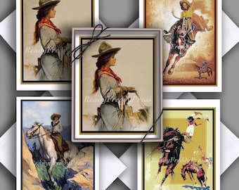 Nouvelles cartes de correspondance équestres cow-girl/ images vintage/ chevaux/femmes/western/cheval/boîte de 8 avec enveloppes/blanc