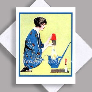 VENDA Cartão de Nota Único/ Imagem Vintage 1914/ Jardinagem/ Menina Bonita/ Regador/ Plantio/ Primavera/ Cole Phillips/ Cartão de Nota com Envelope