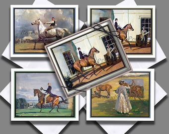 May include: Set of four vintage-style greeting cards featuring paintings of people riding horses. The cards are white with a green border and feature a variety of scenes, including a horse race, a horse and rider in front of a building, and a horse and rider in a field.