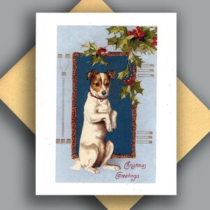SALE glitter enkele kaart/vintage afbeelding/kerst/hond/hulst en bessen/puppiesnoepje/kaart met gouden metallic envelop