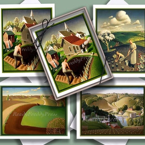 Notitiekaarten Grant Wood/artiestenkaarten/vintage afbeeldingen/Midden-Amerikaanse landschappen/begin 20e eeuw/8 kaarten en enveloppen