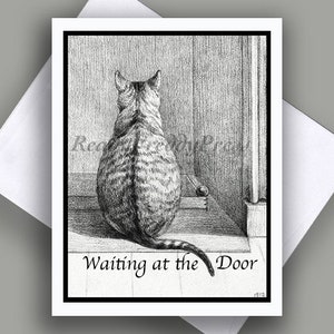 Tarjeta individual / Pérdida de una mascota / Gato / "Esperando junto a la puerta" / Tristeza / Poema / Dolor / Simpatía / Felino / Tarjeta individual con sobre
