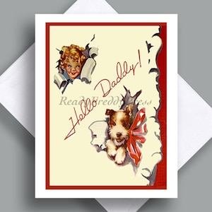 "Vatertag Karte / Vintage Bild /Vater/Mann/Tochter/Elternteil/kleines Mädchen/kleiner Hund/"Hello Daddy"/Geburtstag"