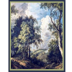 May include: A painting of a forest scene with a path leading through the trees. The trees are a mix of green and blue, and the sky is a light blue with white clouds. The path is a light brown color and leads to a small hill in the distance.