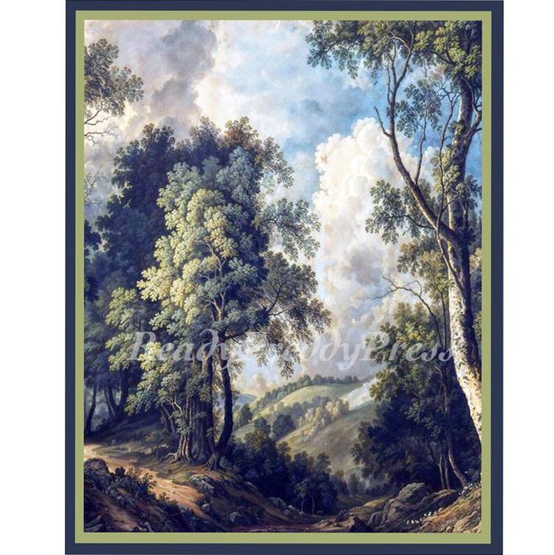 May include: A painting of a forest scene with a path leading through the trees. The trees are a mix of green and blue, and the sky is a light blue with white clouds. The path is a light brown color and leads to a small hill in the distance.
