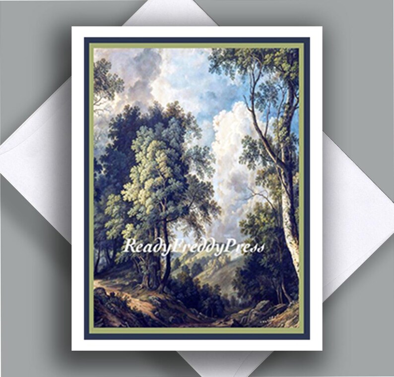 May include: A painting of a forest scene with a path leading through the trees. The trees are green and the sky is blue with white clouds. The painting is framed in a green and blue frame.
