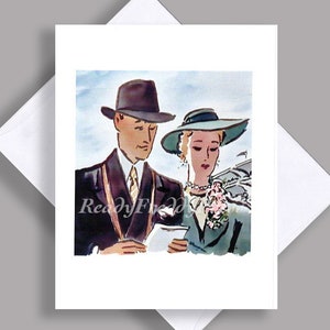 Carton unique en vente/ Image vintage/ Printemps/ Couple/ Aux courses/ Bien habillé/ Art publicitaire/ Chapeaux/ Français/ Carton avec enveloppe