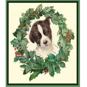 Notitiekaarten Hondje~Vintage afbeelding~Kerstkrans~ Hondenliefhebber~hond~hond houdt een draagbeen in zijn mond voor geluk~doos met 8 kaarten met enveloppen